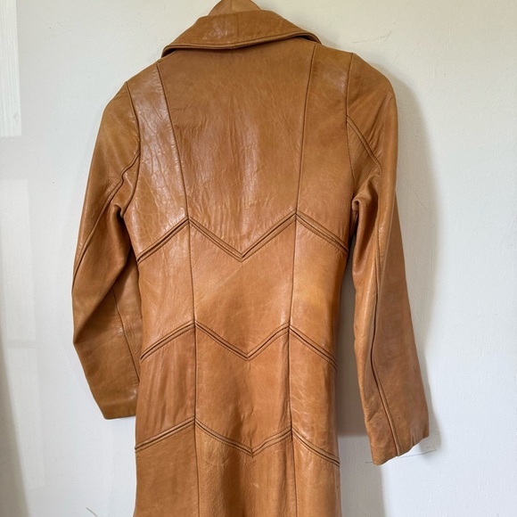 Vintage 70s Brown Leather Maxi Coat Chevron Stitching Retro Boho Womens XS - Picture 7 of 13